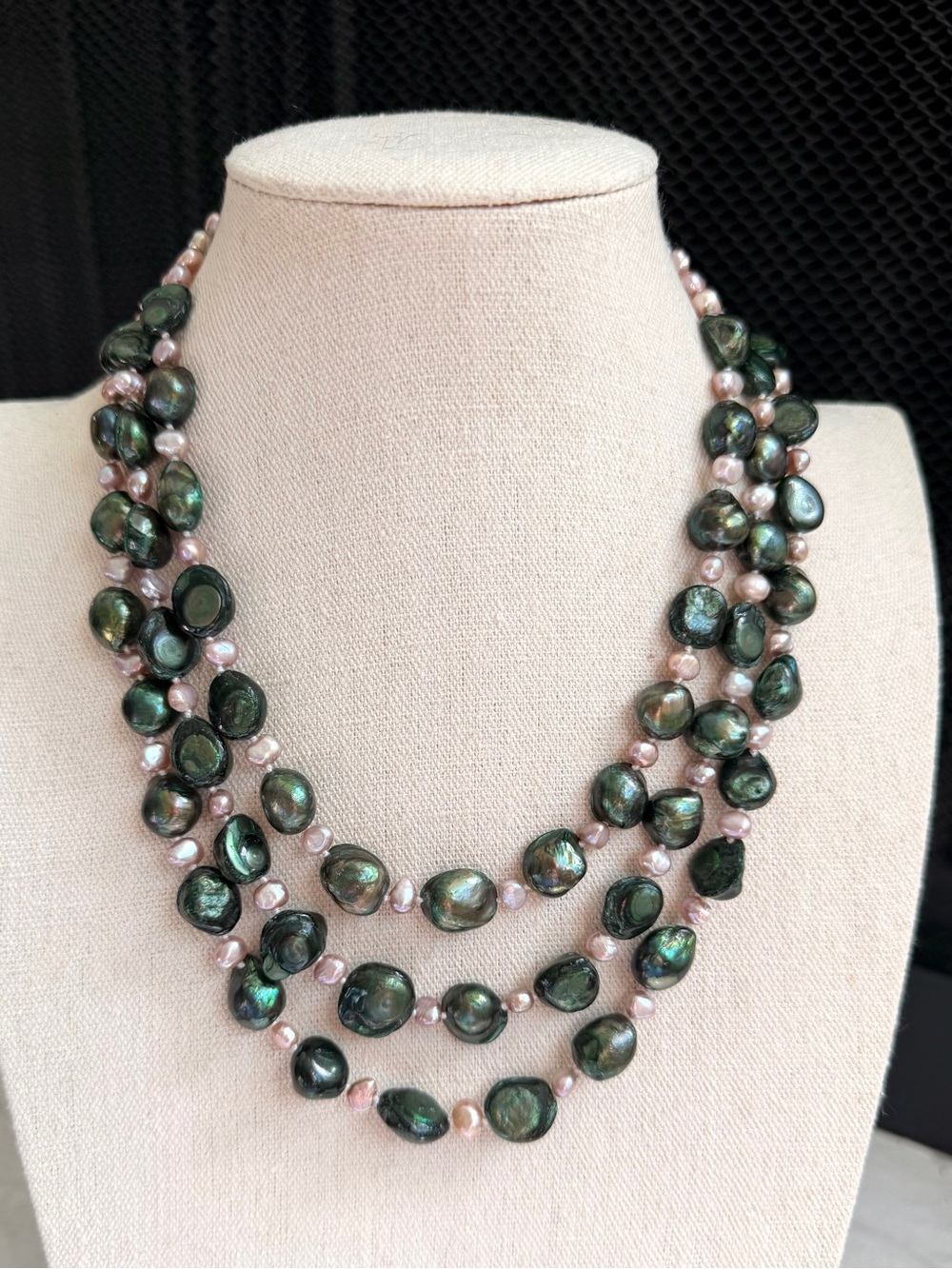 3 Strand Freshwater Pearl Necklace Peacock Green Blush Pink Baroque 17–19”
